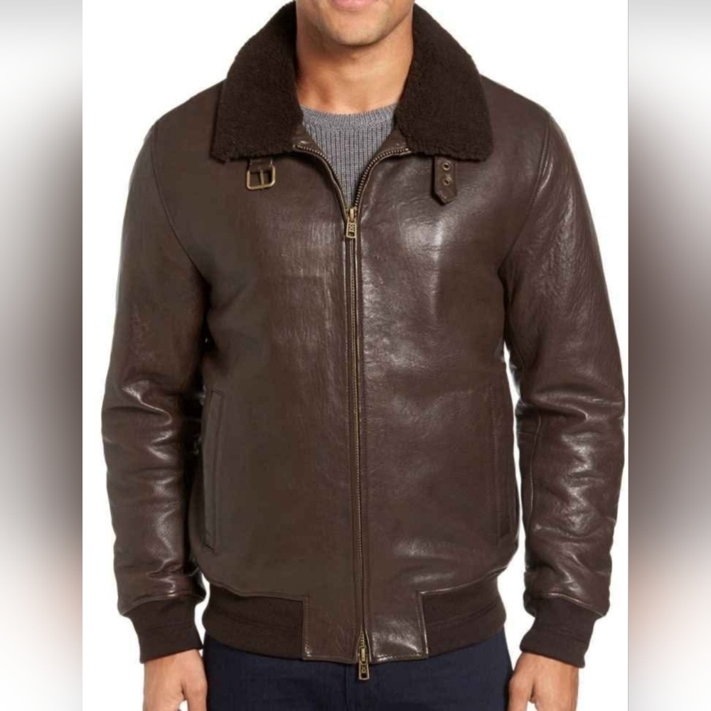Rare Men's Brown Leather Jacket with Real Lamb Fur Collar Aviator Large